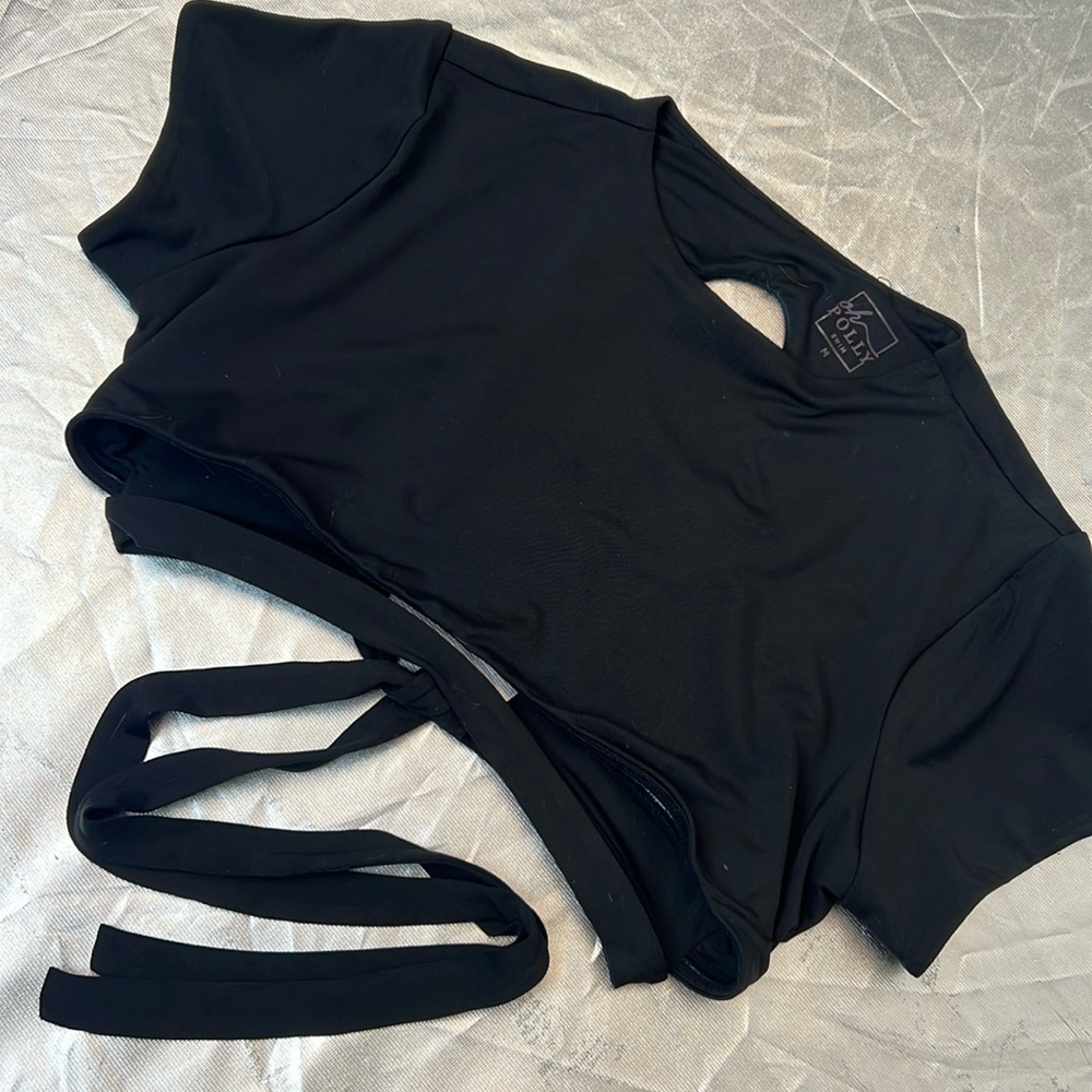 Oh Polly swim top black short sleeve tie, bag open, sexy size M